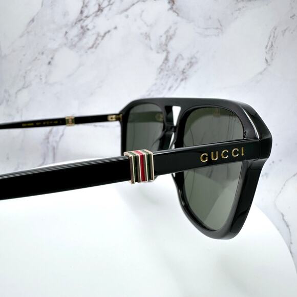 Gucci GG0062S 003 - As Seen On Megan Barton Sunglasses - US New GUCCI Sunglasses Black Aviator Pilot Gold Logo Metal Red Green Web Gucci